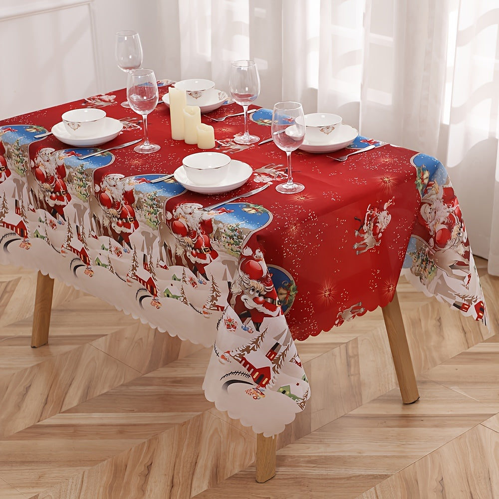 1pc, Polyester Tablecloth, Merry Christmas Table Cover, Santa Claus Snowflake Pattern Table Cover, Christmas Atmospheric Table Runner, Holiday Desktop Decoration Fabric Table Cloth, Home Decoration, Christmas Decor, Gift