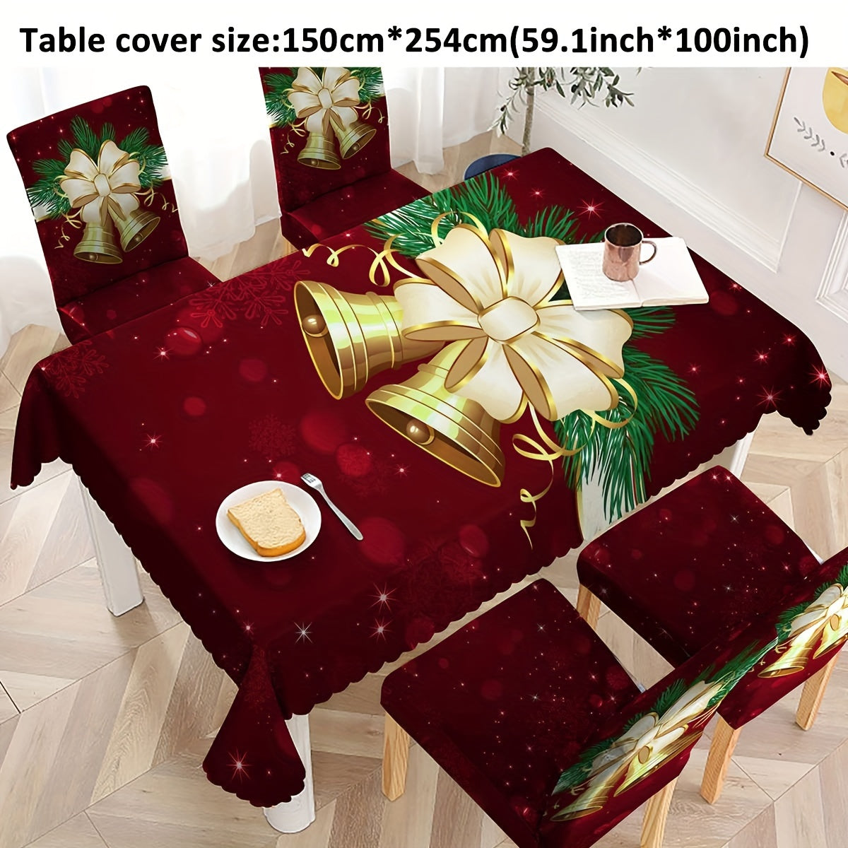 4/6pcs Milk   Elastic Christmas Red Bells Pattern Dining Chair Slipcovers, Chair Cover For Hotel Dining Room Office Banquet House Home Decor Christmas Decor