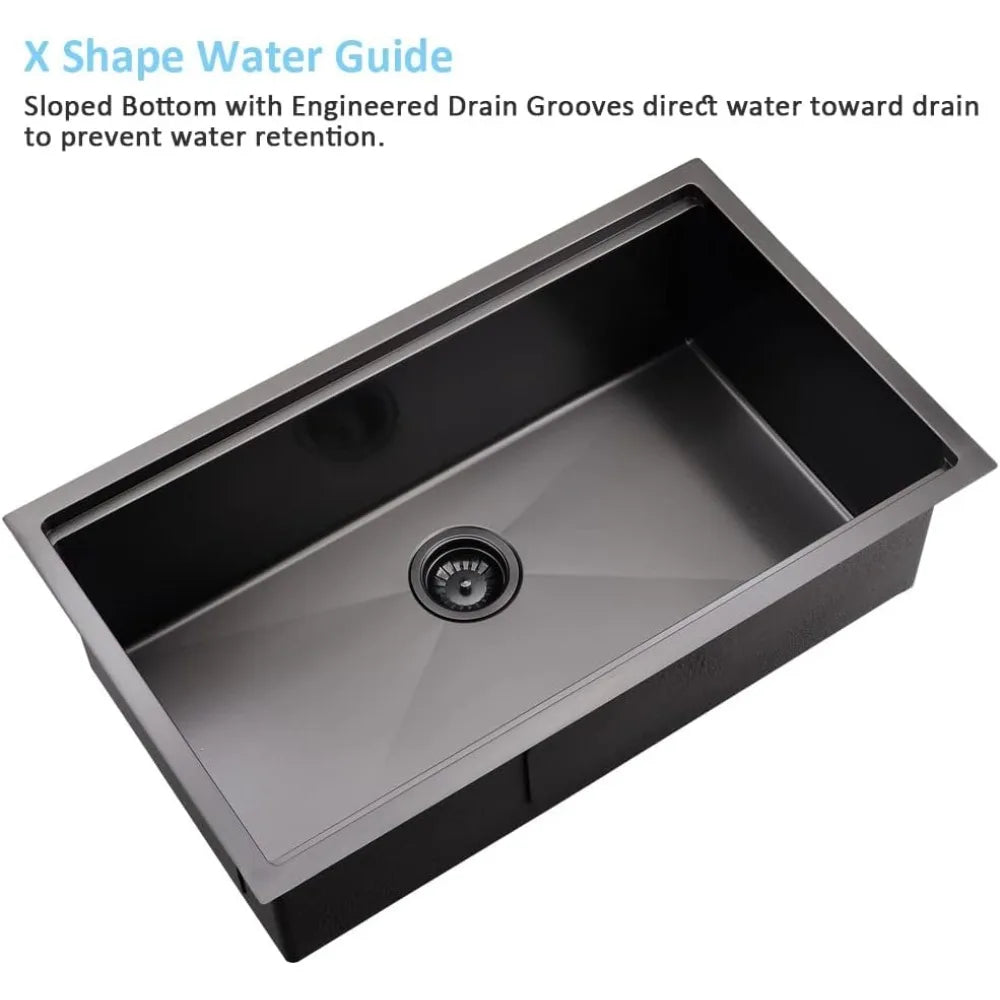 NEW-33Inch Black Undermount Kitchen Sink Workstation,Kitchen Sink Undermount Handmade 10" Deep Stainless Steel Single Bowl Sinks
