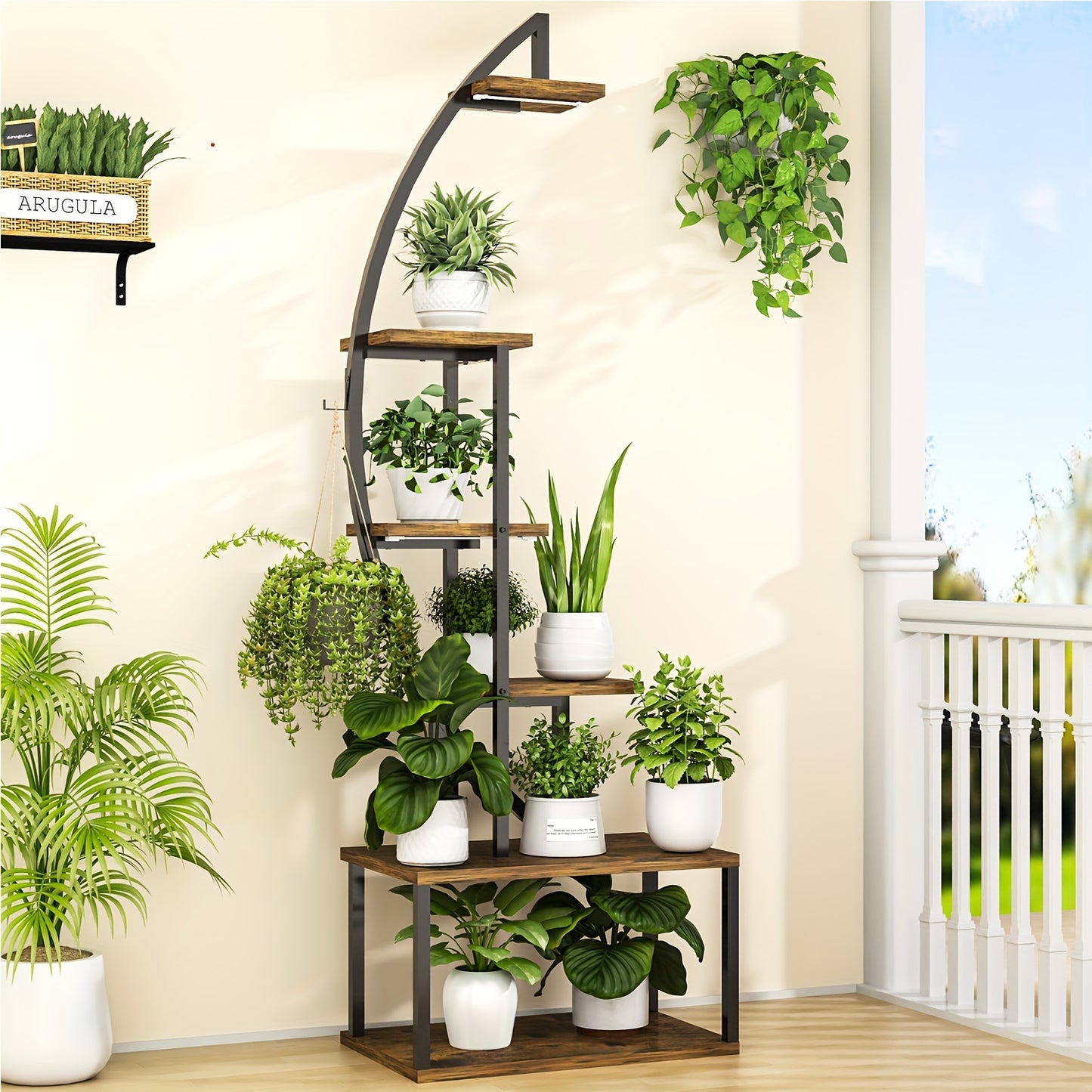 Spacious 64.5" Tall Corner Plant Stand with Grow Lights - Multi-Tiered Metal Shelf for Indoor Plants, Classic Style with Wooden Accents, Ideal for Living Room, Balcony, Patio & Garden Decor, Christmas Decor
