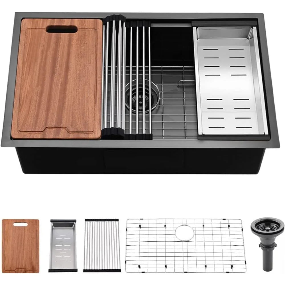 NEW-33Inch Black Undermount Kitchen Sink Workstation,Kitchen Sink Undermount Handmade 10" Deep Stainless Steel Single Bowl Sinks