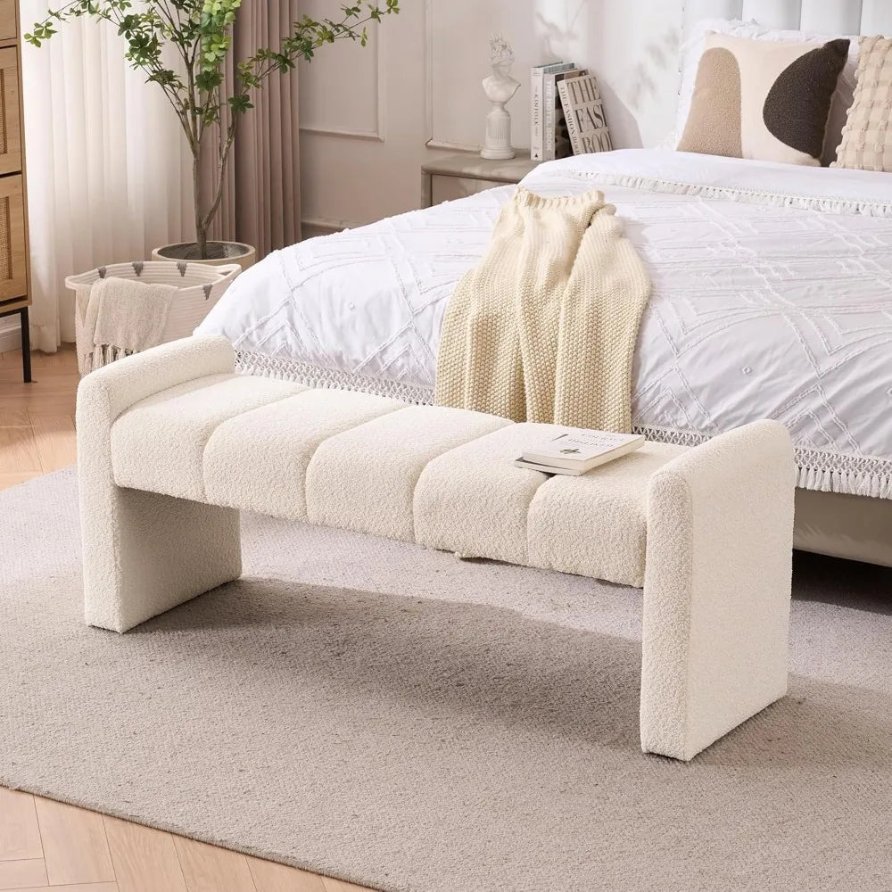 modern upholstered bed end bench with channel tufting, comfortable ottoman for living spaces and hallways