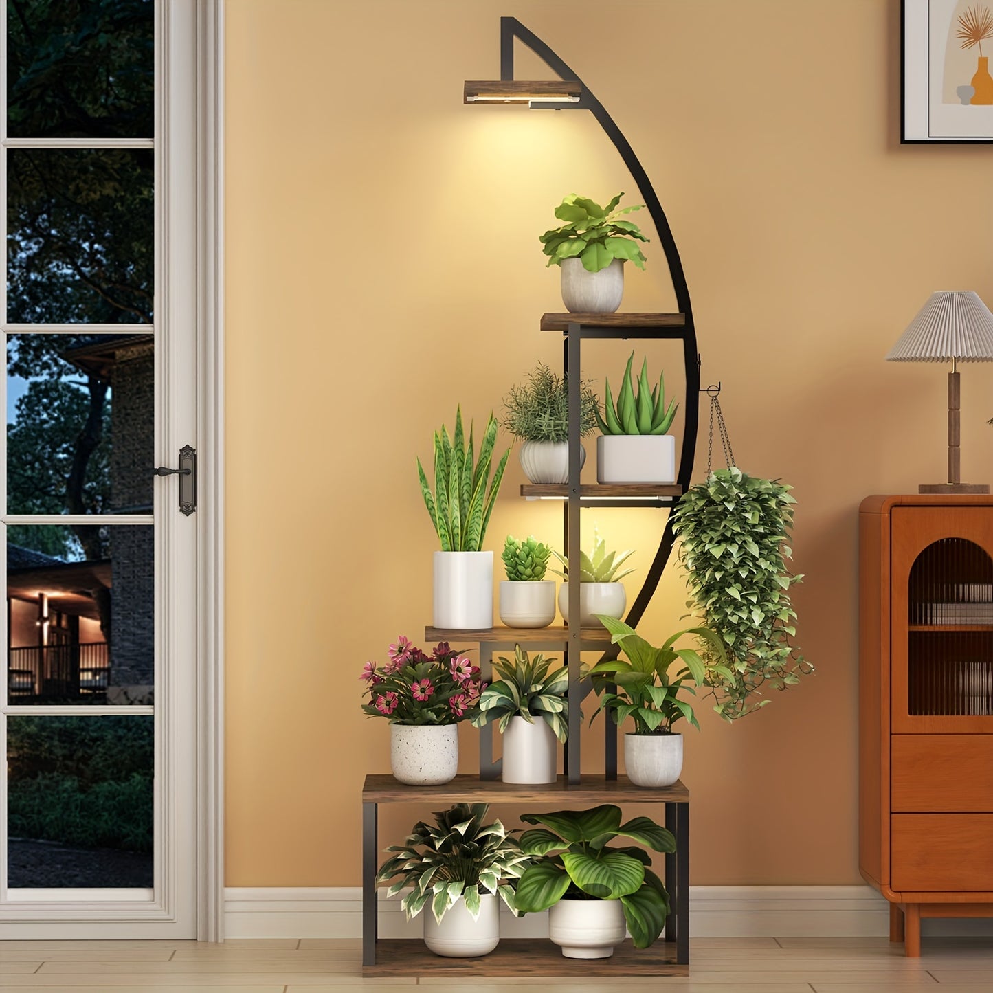 Spacious 64.5" Tall Corner Plant Stand with Grow Lights - Multi-Tiered Metal Shelf for Indoor Plants, Classic Style with Wooden Accents, Ideal for Living Room, Balcony, Patio & Garden Decor, Christmas Decor