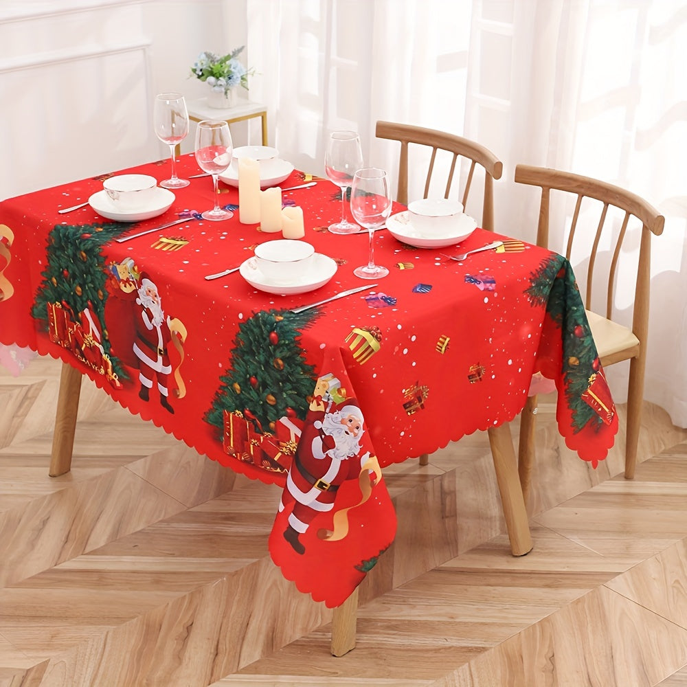 1pc, Polyester Tablecloth, Merry Christmas Table Cover, Santa Claus Snowflake Pattern Table Cover, Christmas Atmospheric Table Runner, Holiday Desktop Decoration Fabric Table Cloth, Home Decoration, Christmas Decor, Gift