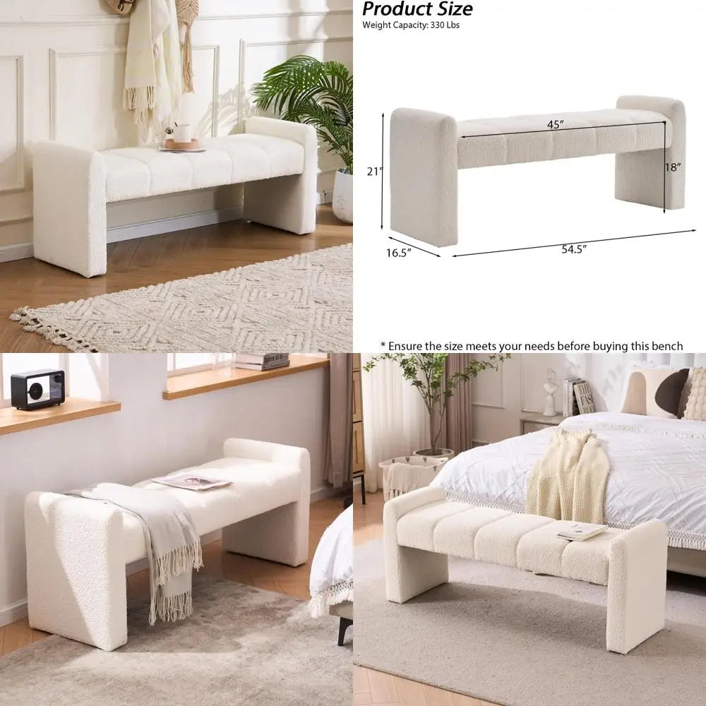 modern upholstered bed end bench with channel tufting, comfortable ottoman for living spaces and hallways