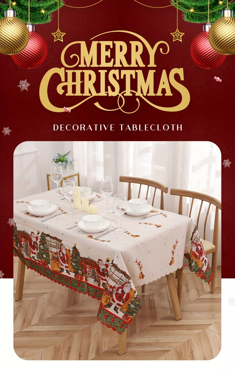 1pc, Polyester Tablecloth, Merry Christmas Table Cover, Santa Claus Snowflake Pattern Table Cover, Christmas Atmospheric Table Runner, Holiday Desktop Decoration Fabric Table Cloth, Home Decoration, Christmas Decor, Gift