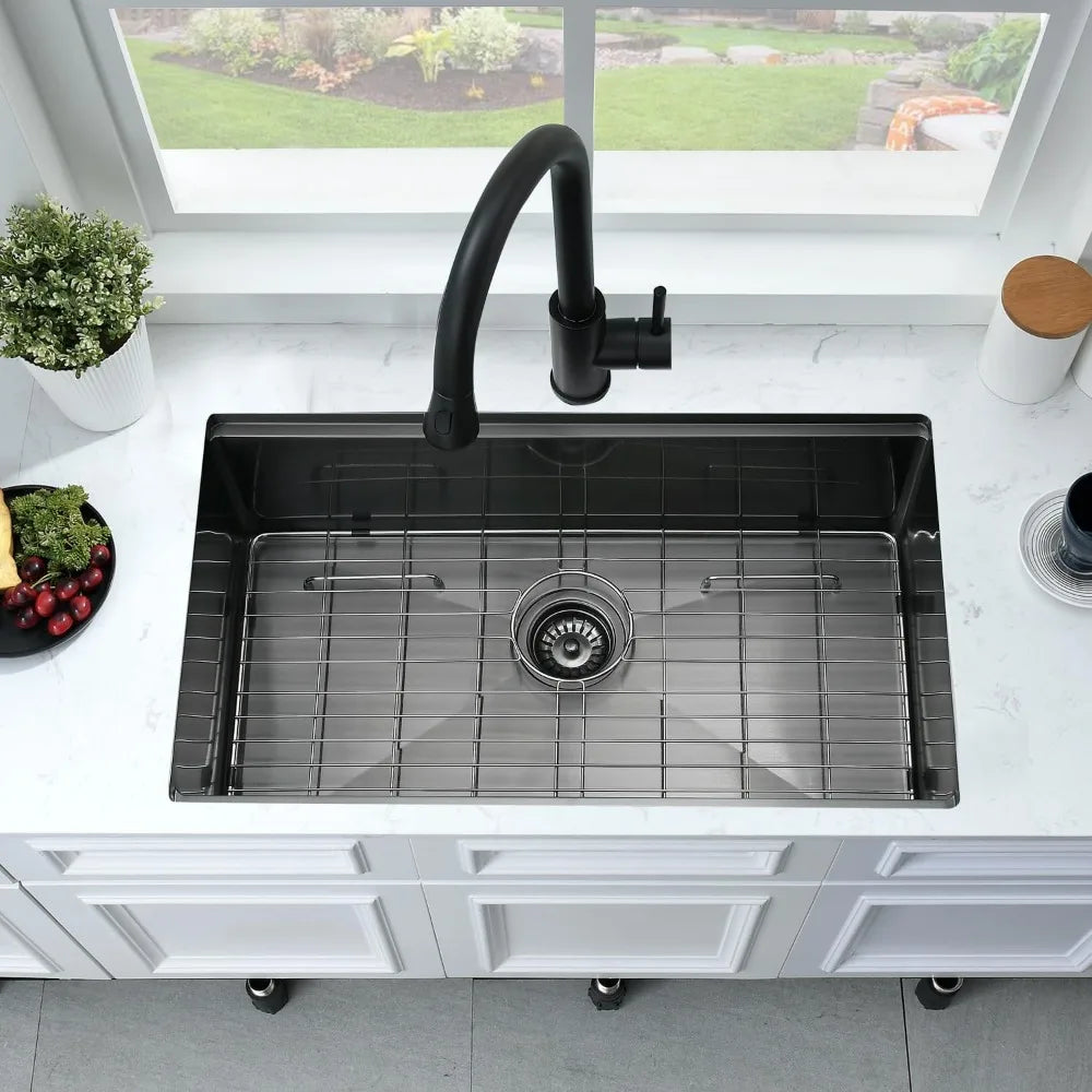 NEW-33Inch Black Undermount Kitchen Sink Workstation,Kitchen Sink Undermount Handmade 10" Deep Stainless Steel Single Bowl Sinks