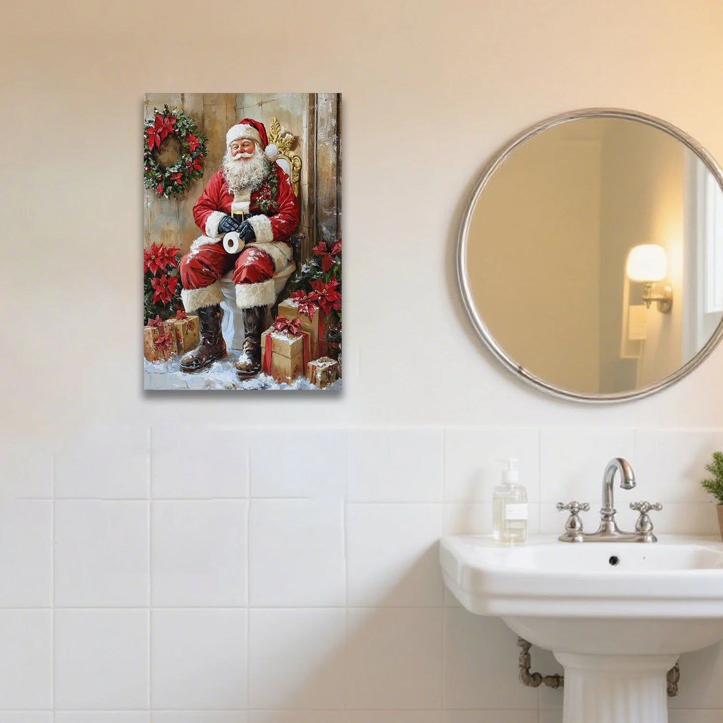 Looife Christmas Humorous Santa Claus Canvas Wall Art - Santa on Toilet with Christmas Decor, Funny Bathroom & Holiday Decor