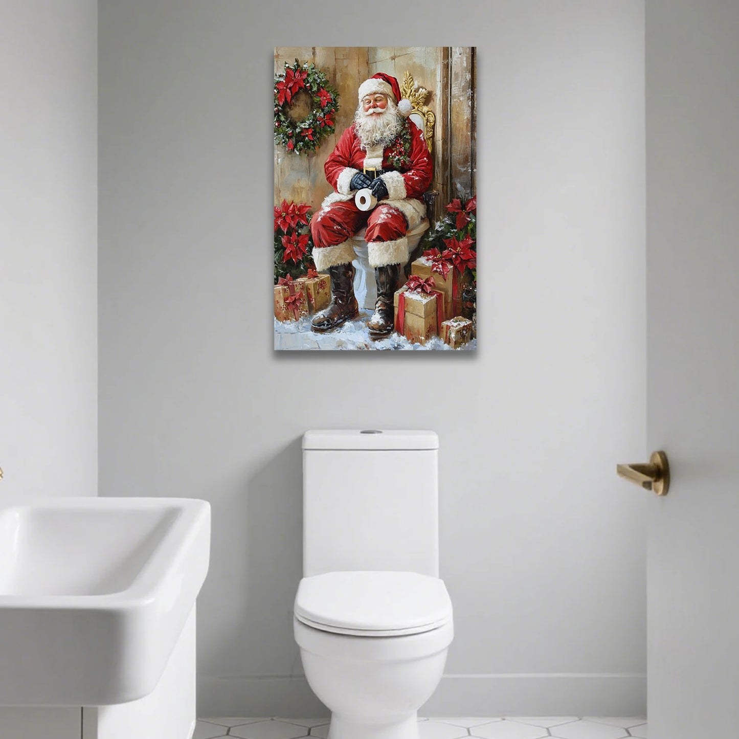 Looife Christmas Humorous Santa Claus Canvas Wall Art - Santa on Toilet with Christmas Decor, Funny Bathroom & Holiday Decor