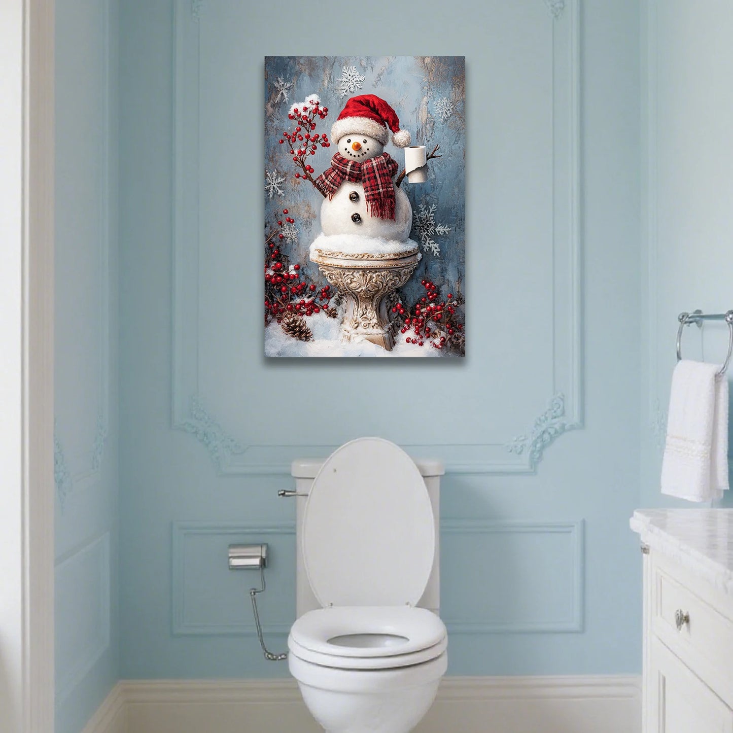 Looife Christmas Humorous Snowman Canvas Wall Art - Snowman on Toilet with Christmas Decor, Funny Bathroom & Holiday Decor
