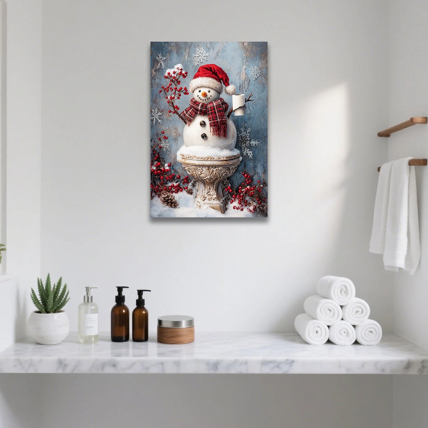 Looife Christmas Humorous Snowman Canvas Wall Art - Snowman on Toilet with Christmas Decor, Funny Bathroom & Holiday Decor