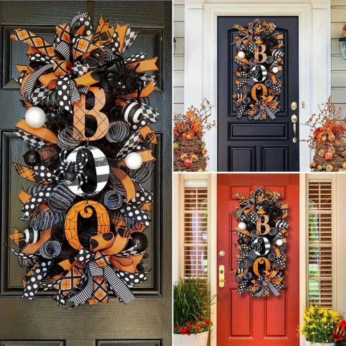 Halloween Swag Wreath, Autumn Wreath, Fall Boo Swag Wreaths, Scary Front Door Ornaments, Halloween Spider Mesh and