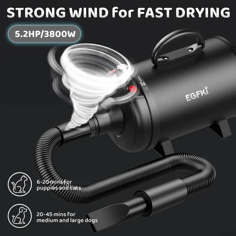 Dog-Hair-Dryer, 5.2HP/ 3800W High Velocity Pet Blow Dryer With Heater For Grooming, Speed Temperature Adjustable Dog Blower