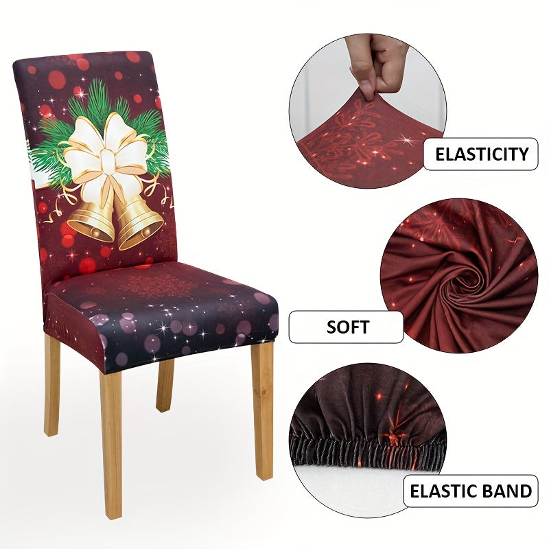 4/6pcs Milk   Elastic Christmas Red Bells Pattern Dining Chair Slipcovers, Chair Cover For Hotel Dining Room Office Banquet House Home Decor Christmas Decor