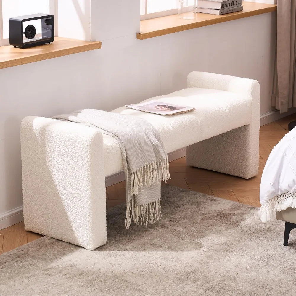 modern upholstered bed end bench with channel tufting, comfortable ottoman for living spaces and hallways