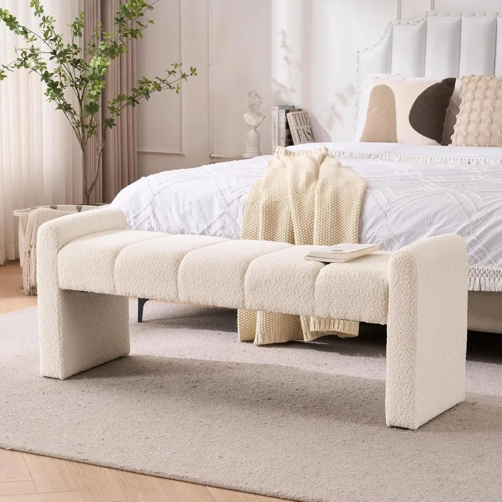 modern upholstered bed end bench with channel tufting, comfortable ottoman for living spaces and hallways