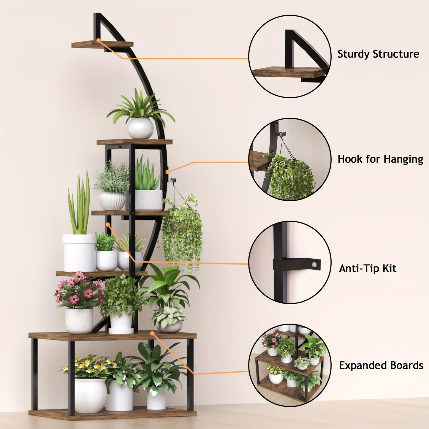 Spacious 64.5" Tall Corner Plant Stand with Grow Lights - Multi-Tiered Metal Shelf for Indoor Plants, Classic Style with Wooden Accents, Ideal for Living Room, Balcony, Patio & Garden Decor, Christmas Decor