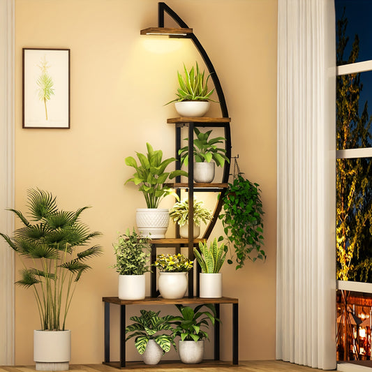 Spacious 64.5" Tall Corner Plant Stand with Grow Lights - Multi-Tiered Metal Shelf for Indoor Plants, Classic Style with Wooden Accents, Ideal for Living Room, Balcony, Patio & Garden Decor, Christmas Decor