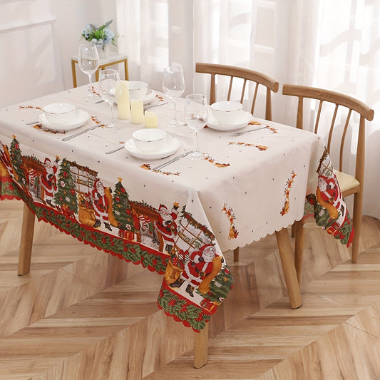 1pc, Polyester Tablecloth, Merry Christmas Table Cover, Santa Claus Snowflake Pattern Table Cover, Christmas Atmospheric Table Runner, Holiday Desktop Decoration Fabric Table Cloth, Home Decoration, Christmas Decor, Gift