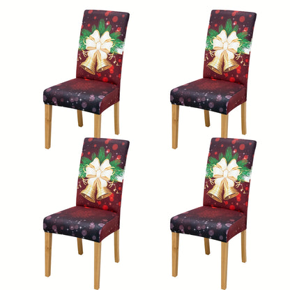 4/6pcs Milk   Elastic Christmas Red Bells Pattern Dining Chair Slipcovers, Chair Cover For Hotel Dining Room Office Banquet House Home Decor Christmas Decor