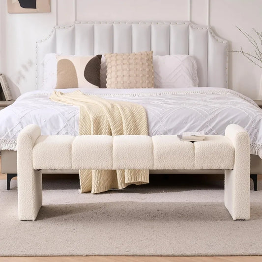 modern upholstered bed end bench with channel tufting, comfortable ottoman for living spaces and hallways