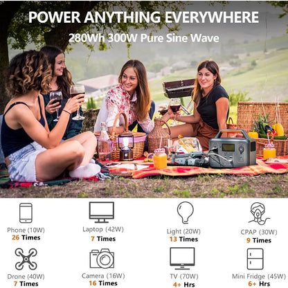 Portable Power Station 300W, 280Wh Solar Generator With 110V Pure Sine Wave AC Outlet, Backup Lithium Battery Generator