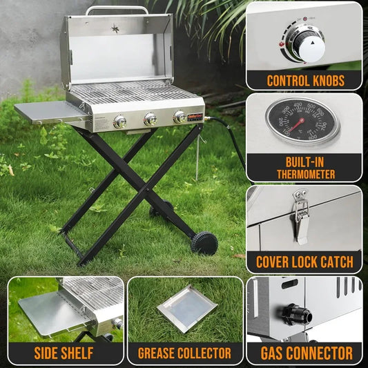 BBQ Gas Grill 3-Burner with Foldable Cart & Side Table, Portable Propane Grill with Lid for Outdoor Patio Backyard Barbecue