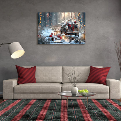 Christmas Gift Winter Wall Decor Snowy Wagon with Pine Branches & Ornaments, Great for Festive Cheer & Home Christmas Decor