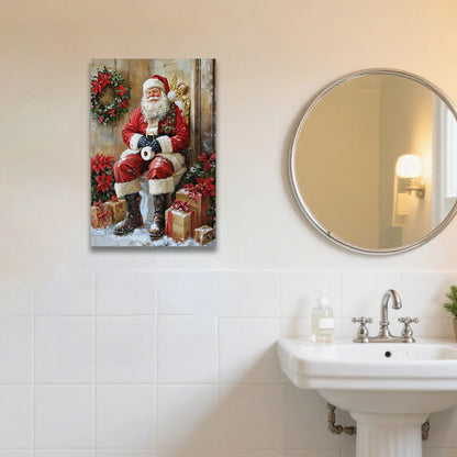 Looife Christmas Humorous Santa Claus Canvas Wall Art - Santa on Toilet with Christmas Decor, Funny Bathroom & Holiday Decor