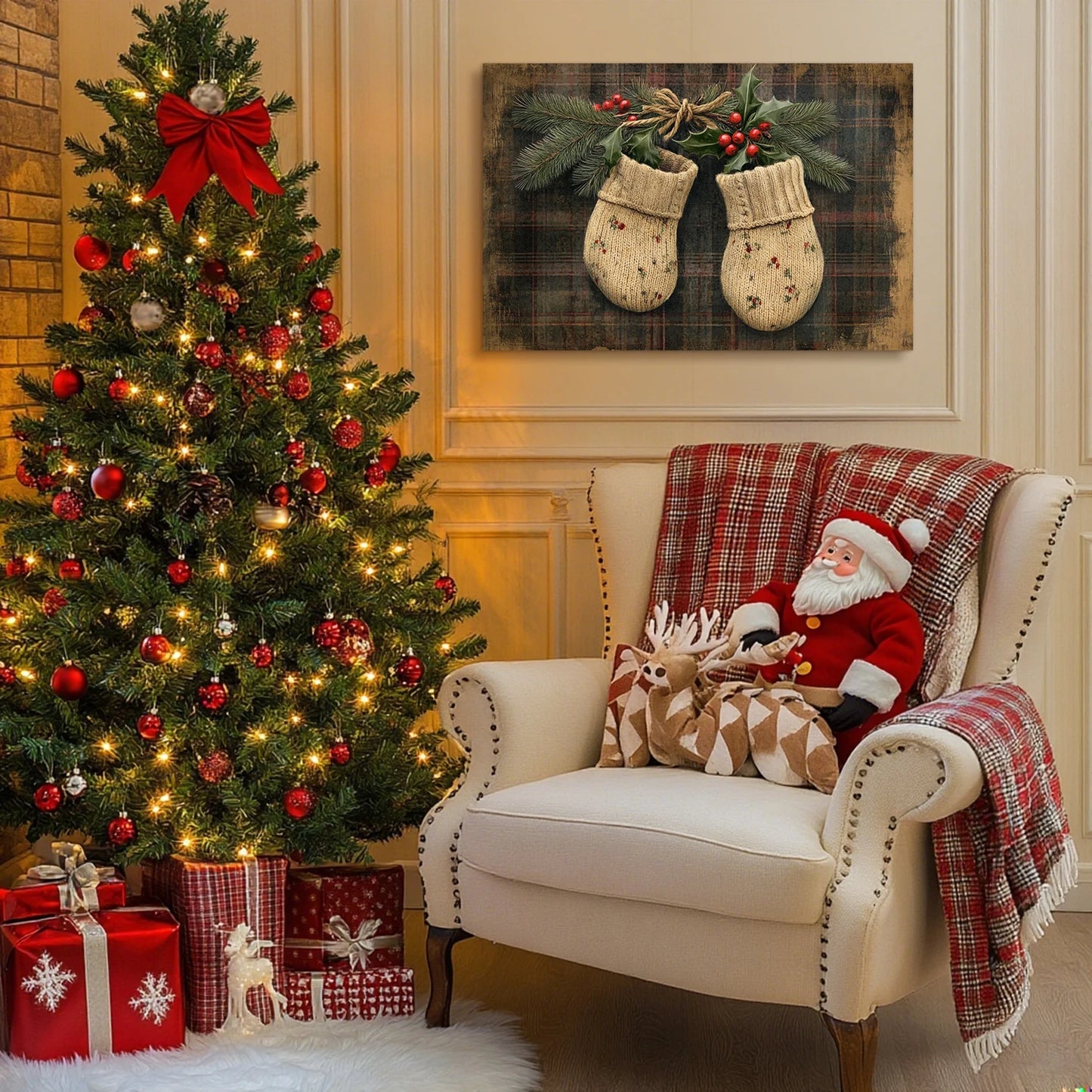 Christmas Gift Holiday Wall Decor - Knit Mittens, Pine & Holly Berries, Great for Festive Cheer Perfect for Home Christmas Decor