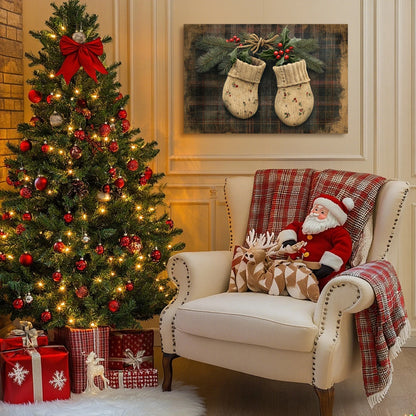 Christmas Gift Holiday Wall Decor - Knit Mittens, Pine & Holly Berries, Great for Festive Cheer Perfect for Home Christmas Decor