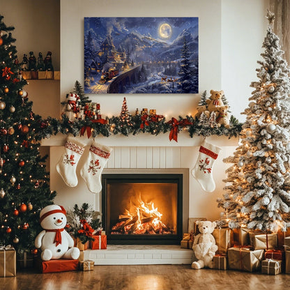 Christmas Gift Christmas Train Fantasy Canvas Wall Art - Snowy Mountain, Moon & Sleigh Scene, Perfect for Home Christmas Decor