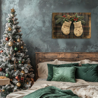 Christmas Gift Holiday Wall Decor - Knit Mittens, Pine & Holly Berries, Great for Festive Cheer Perfect for Home Christmas Decor