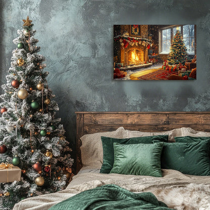 Cozy Christmas Gift Canvas Print Wall Decor Warm Fireplace, Decorated Tree & Presents, Perfect for Home Ambiance Christmas Decor