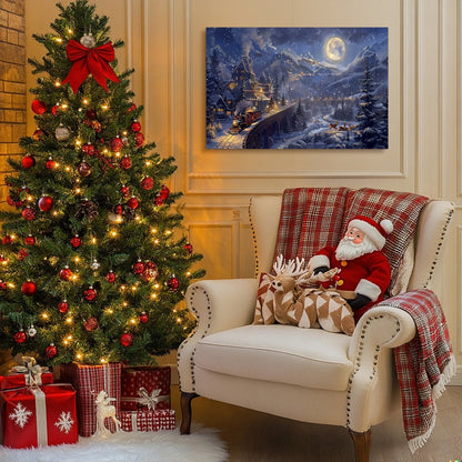 Christmas Gift Christmas Train Fantasy Canvas Wall Art - Snowy Mountain, Moon & Sleigh Scene, Perfect for Home Christmas Decor