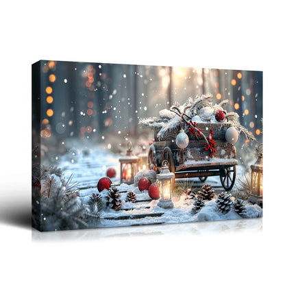 Christmas Gift Winter Wall Decor Snowy Wagon with Pine Branches & Ornaments, Great for Festive Cheer & Home Christmas Decor
