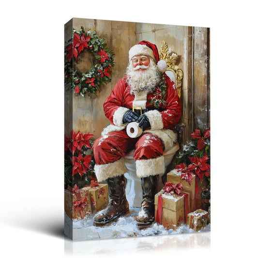 Looife Christmas Humorous Santa Claus Canvas Wall Art - Santa on Toilet with Christmas Decor, Funny Bathroom & Holiday Decor
