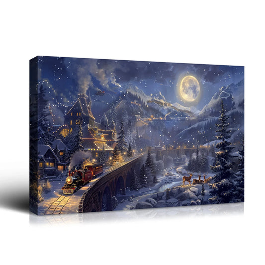 Christmas Gift Christmas Train Fantasy Canvas Wall Art - Snowy Mountain, Moon & Sleigh Scene, Perfect for Home Christmas Decor