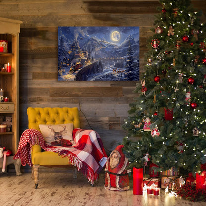 Christmas Gift Christmas Train Fantasy Canvas Wall Art - Snowy Mountain, Moon & Sleigh Scene, Perfect for Home Christmas Decor