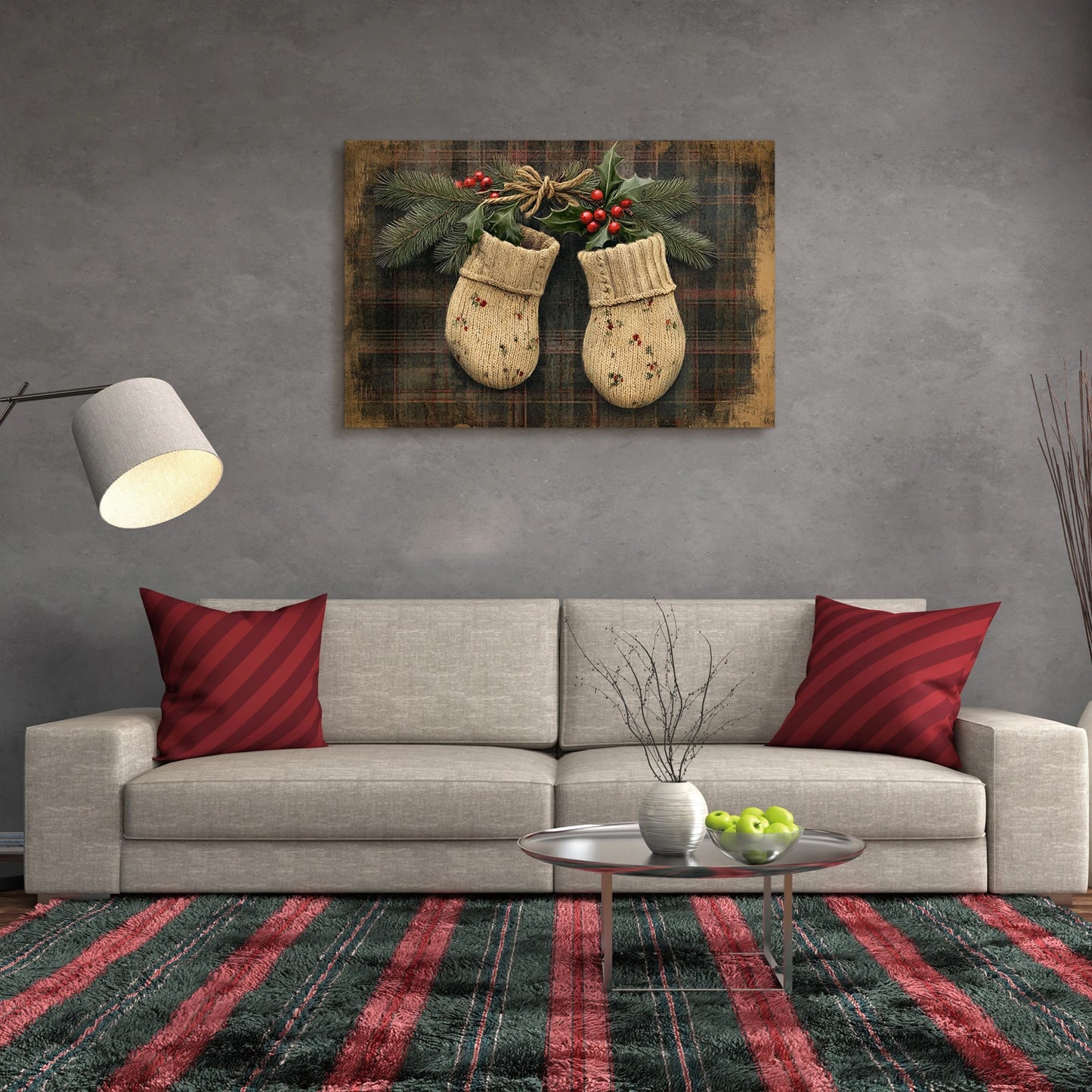 Christmas Gift Holiday Wall Decor - Knit Mittens, Pine & Holly Berries, Great for Festive Cheer Perfect for Home Christmas Decor