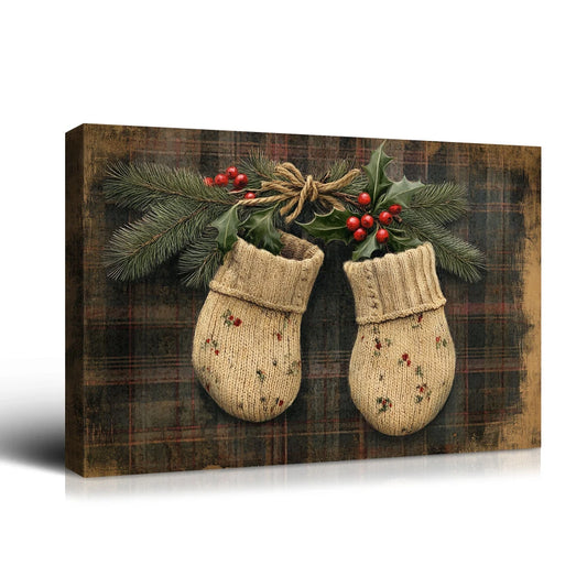 Christmas Gift Holiday Wall Decor - Knit Mittens, Pine & Holly Berries, Great for Festive Cheer Perfect for Home Christmas Decor