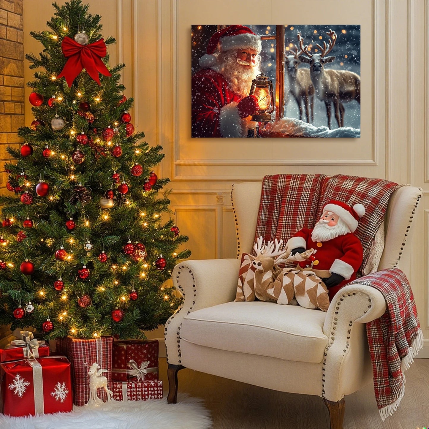 Christmas Gift Holiday Wall Decor Santa, Reindeer Snowy Lantern Scene, Great for Festive Cheer Perfect for Home Christmas Decor