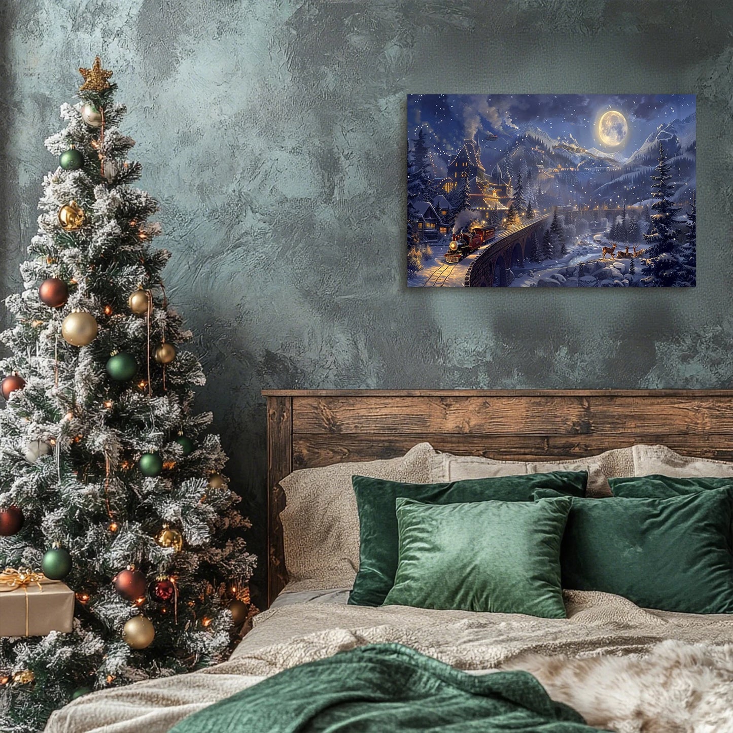 Christmas Gift Christmas Train Fantasy Canvas Wall Art - Snowy Mountain, Moon & Sleigh Scene, Perfect for Home Christmas Decor