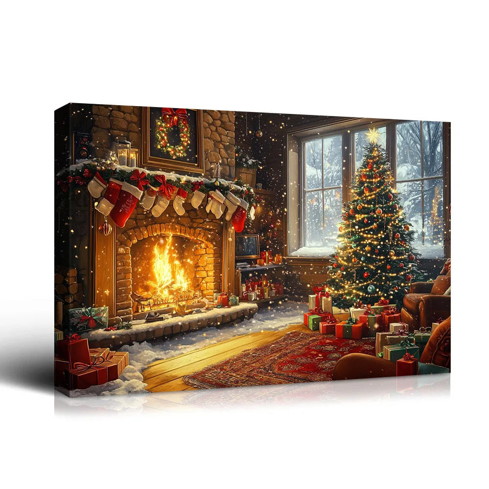 Cozy Christmas Gift Canvas Print Wall Decor Warm Fireplace, Decorated Tree & Presents, Perfect for Home Ambiance Christmas Decor