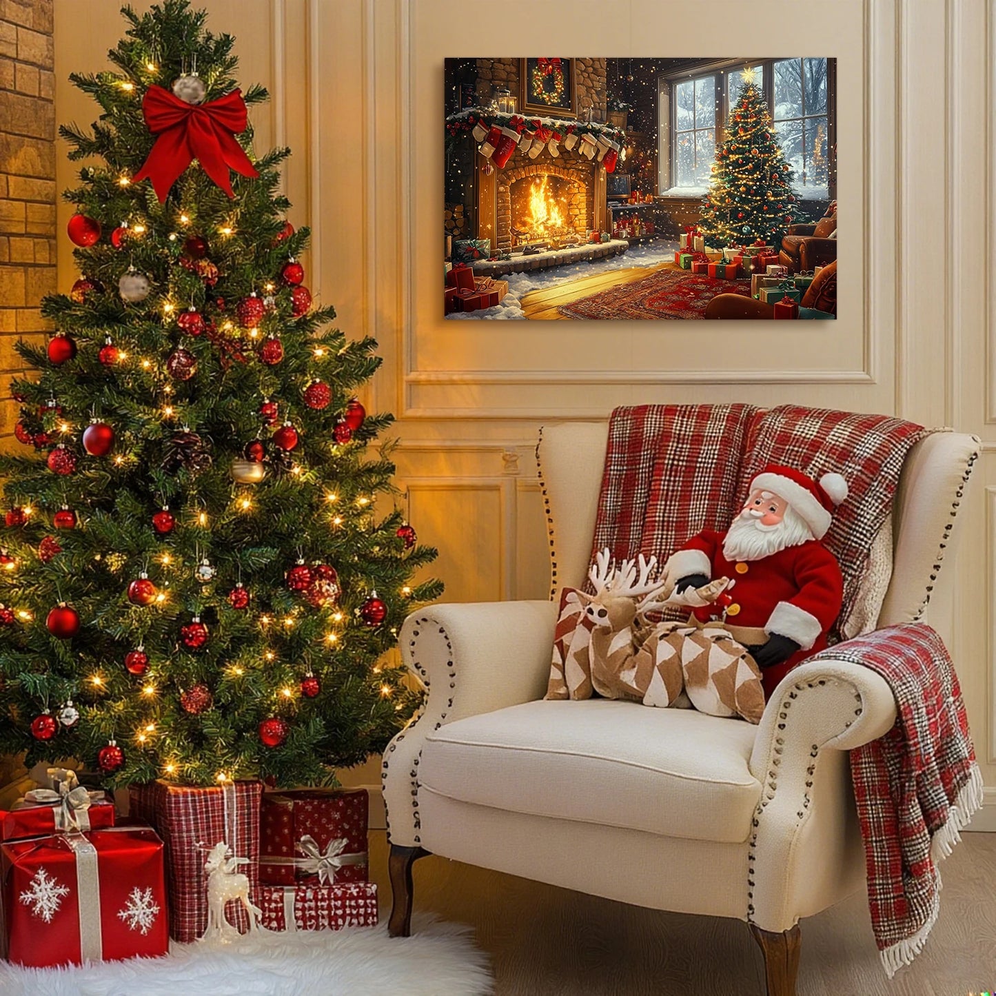 Cozy Christmas Gift Canvas Print Wall Decor Warm Fireplace, Decorated Tree & Presents, Perfect for Home Ambiance Christmas Decor