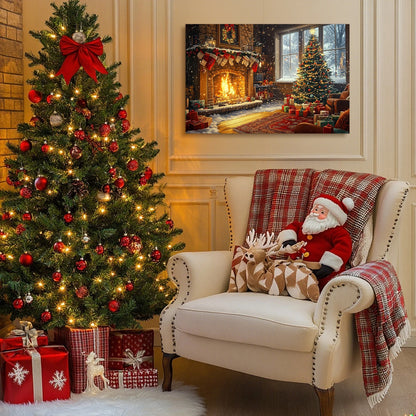 Cozy Christmas Gift Canvas Print Wall Decor Warm Fireplace, Decorated Tree & Presents, Perfect for Home Ambiance Christmas Decor