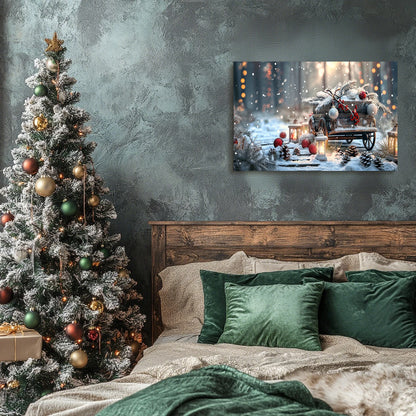 Christmas Gift Winter Wall Decor Snowy Wagon with Pine Branches & Ornaments, Great for Festive Cheer & Home Christmas Decor