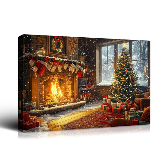 Cozy Christmas Gift Canvas Print Wall Decor Warm Fireplace, Decorated Tree & Presents, Perfect for Home Ambiance Christmas Decor