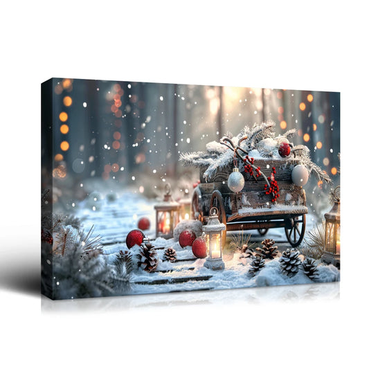 Christmas Gift Winter Wall Decor Snowy Wagon with Pine Branches & Ornaments, Great for Festive Cheer & Home Christmas Decor