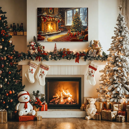 Cozy Christmas Gift Canvas Print Wall Decor Warm Fireplace, Decorated Tree & Presents, Perfect for Home Ambiance Christmas Decor